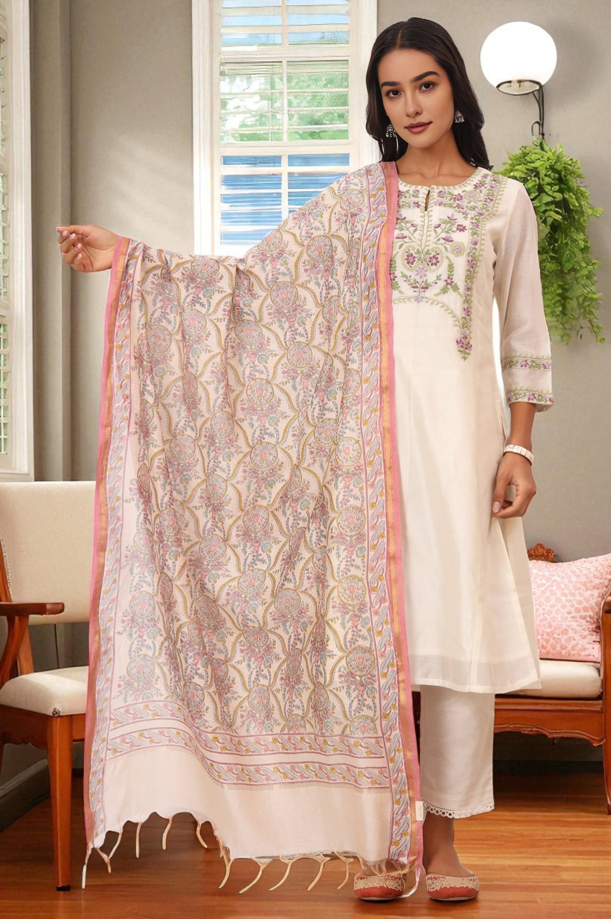 White Hand Block Printed Cotton Silk Dupatta - Free size