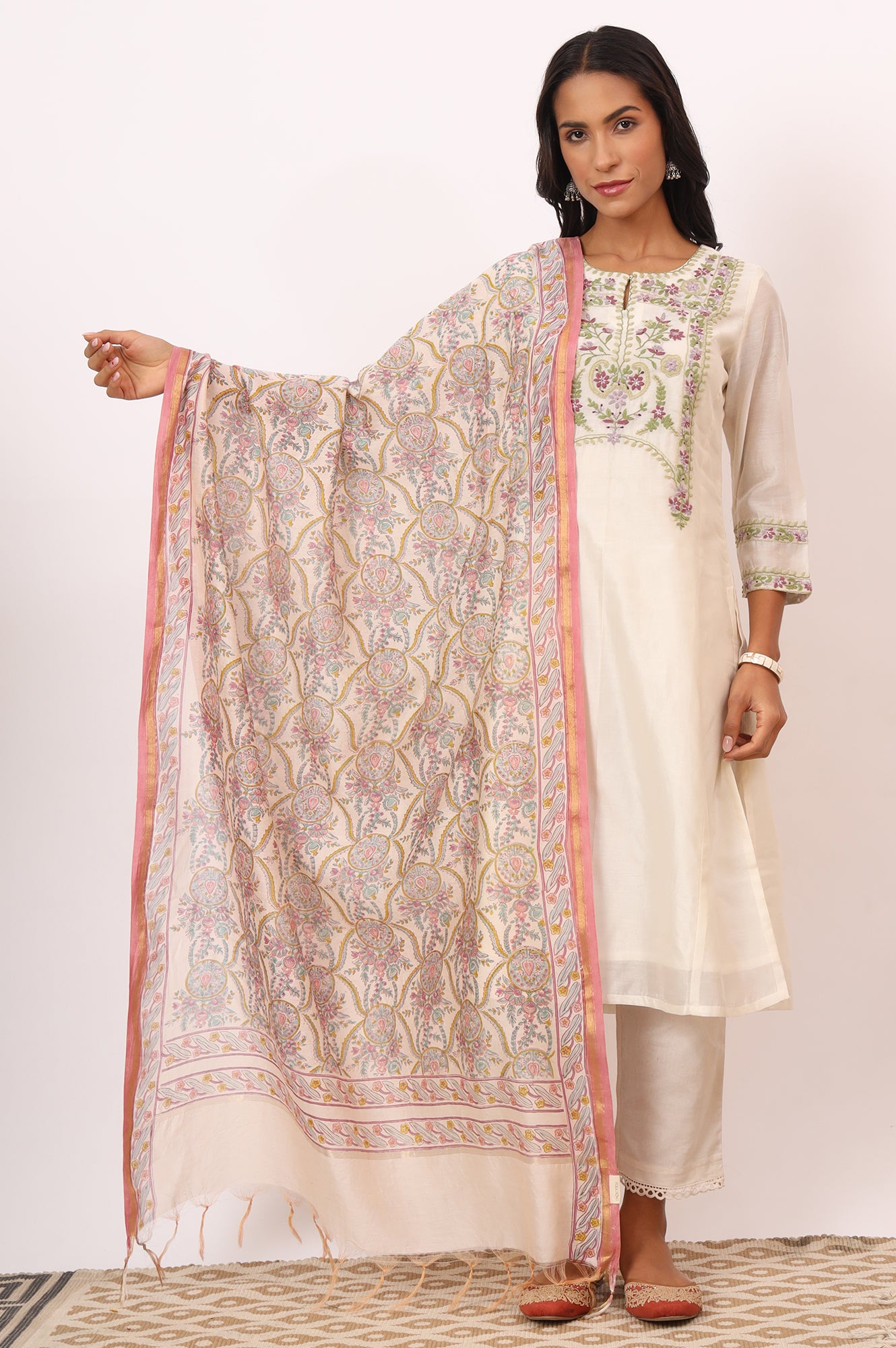 White Hand Block Printed Cotton Silk Dupatta