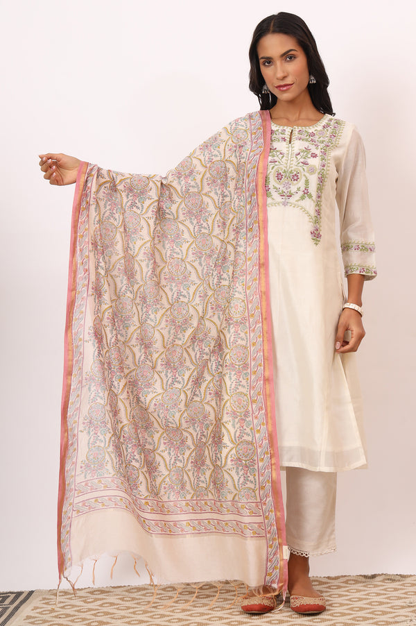 White Hand Block Printed Cotton Silk Dupatta