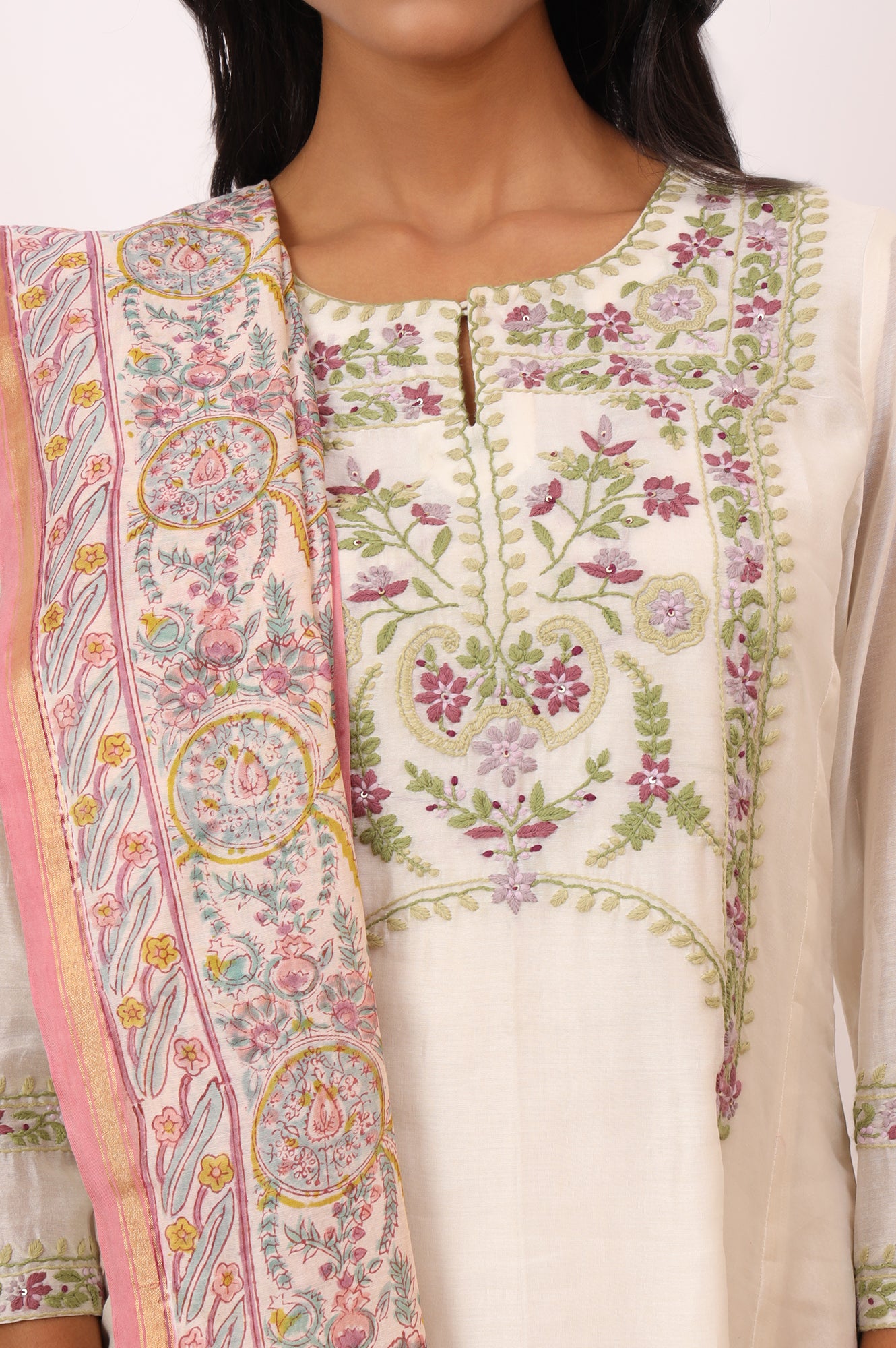 White Hand Block Printed Cotton Silk Dupatta