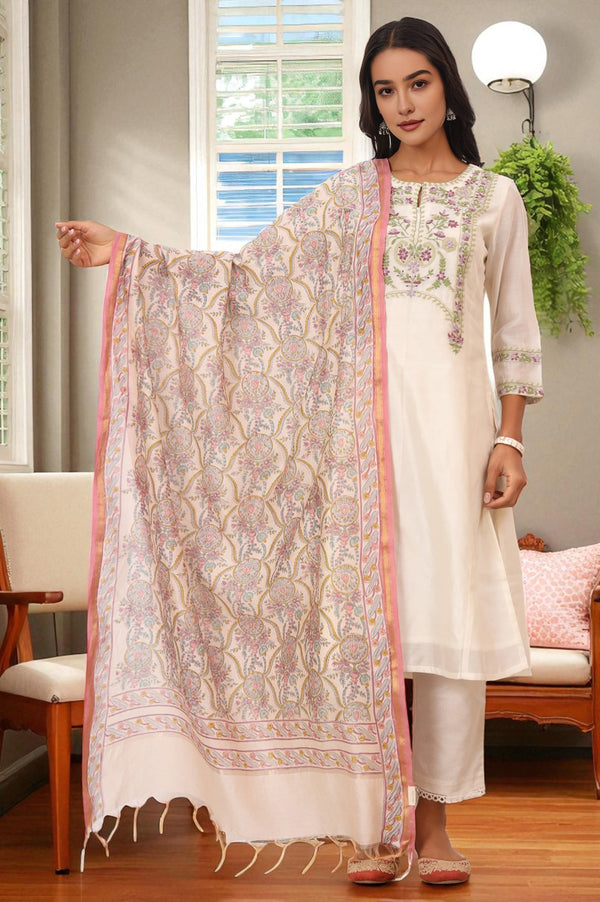 White Hand Block Printed Cotton Silk Dupatta