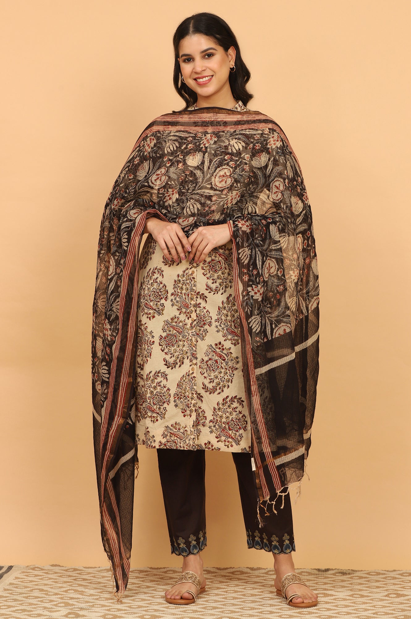 Black Handblock Printed Dupatta in Kota Doriya