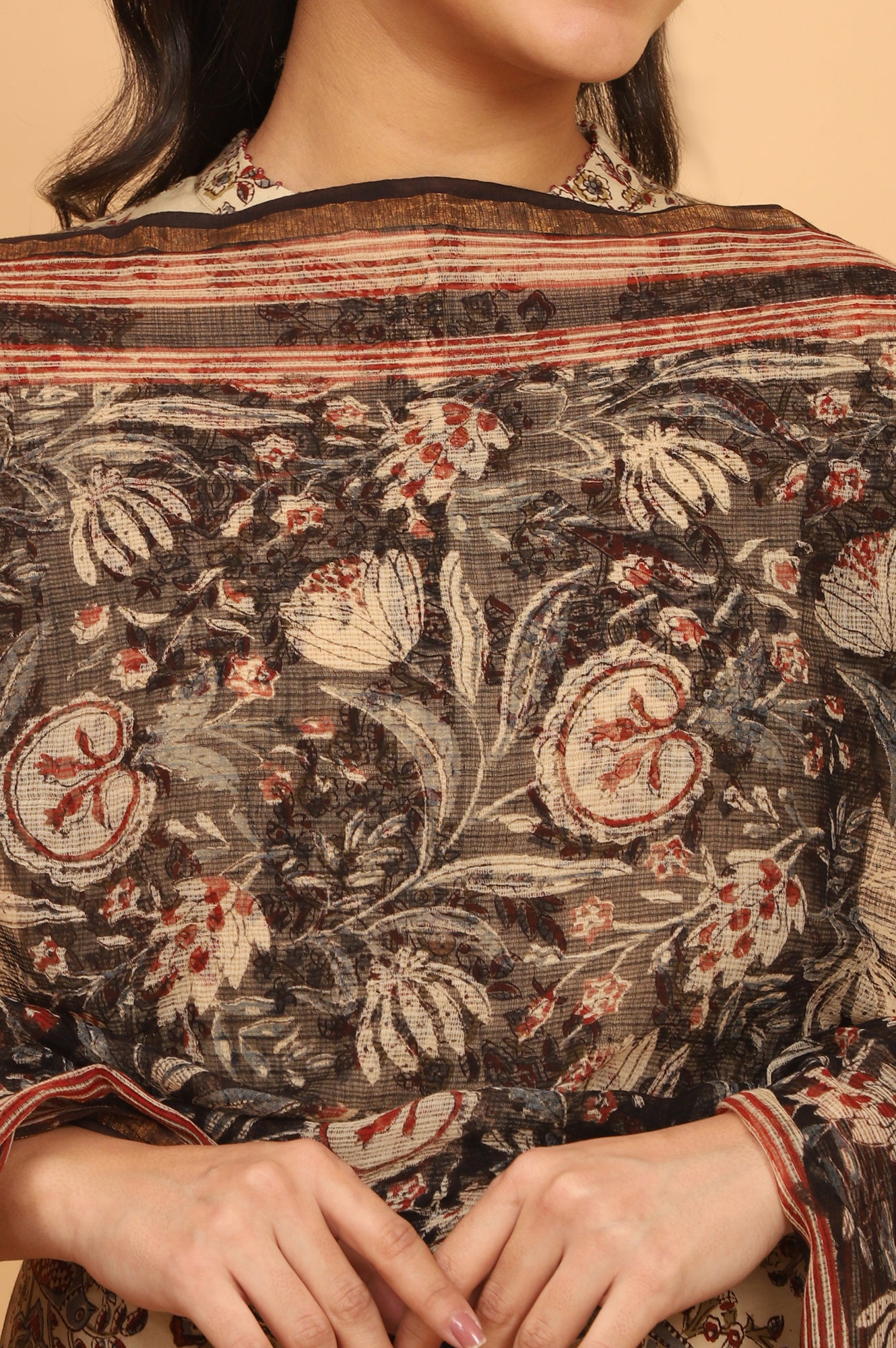 Black Handblock Printed Dupatta in Kota Doriya
