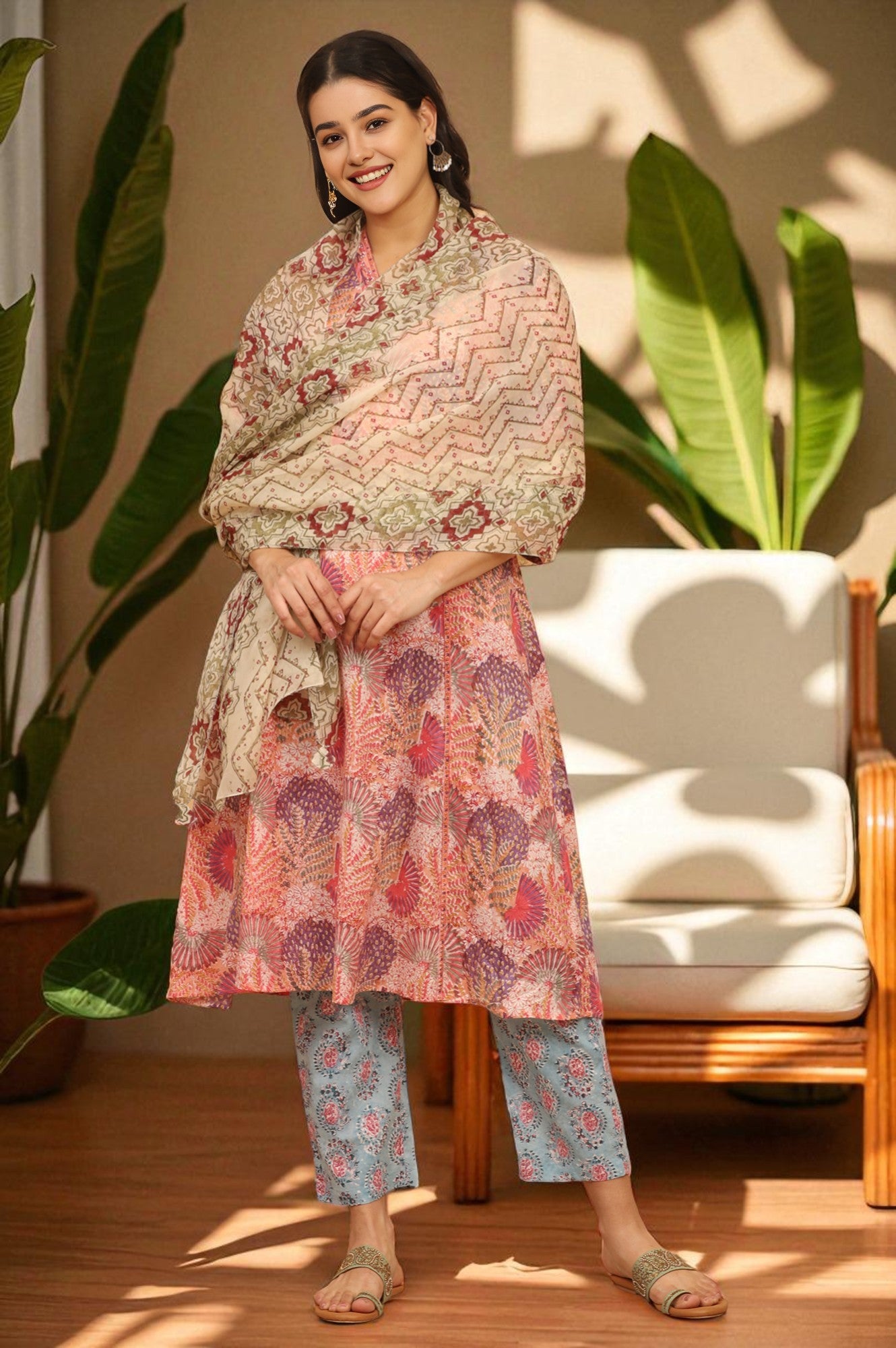 Pistachio Green Handblock Printed Organza Dupatta