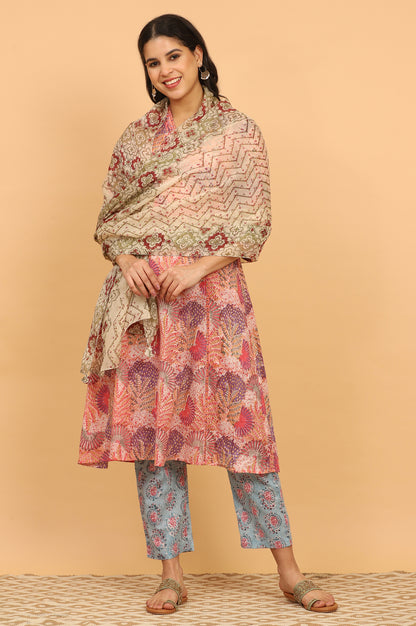 Pistachio Green Handblock Printed Organza Dupatta