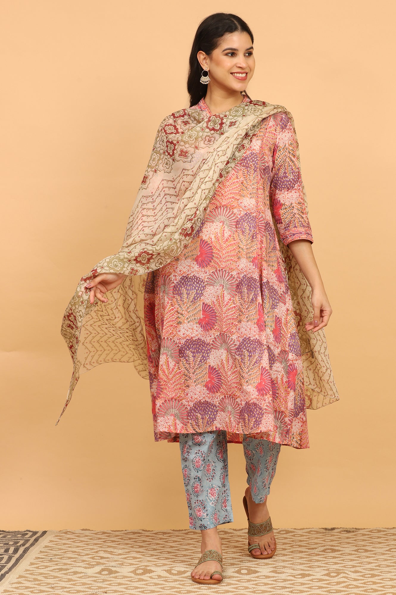 Pistachio Green Handblock Printed Organza Dupatta