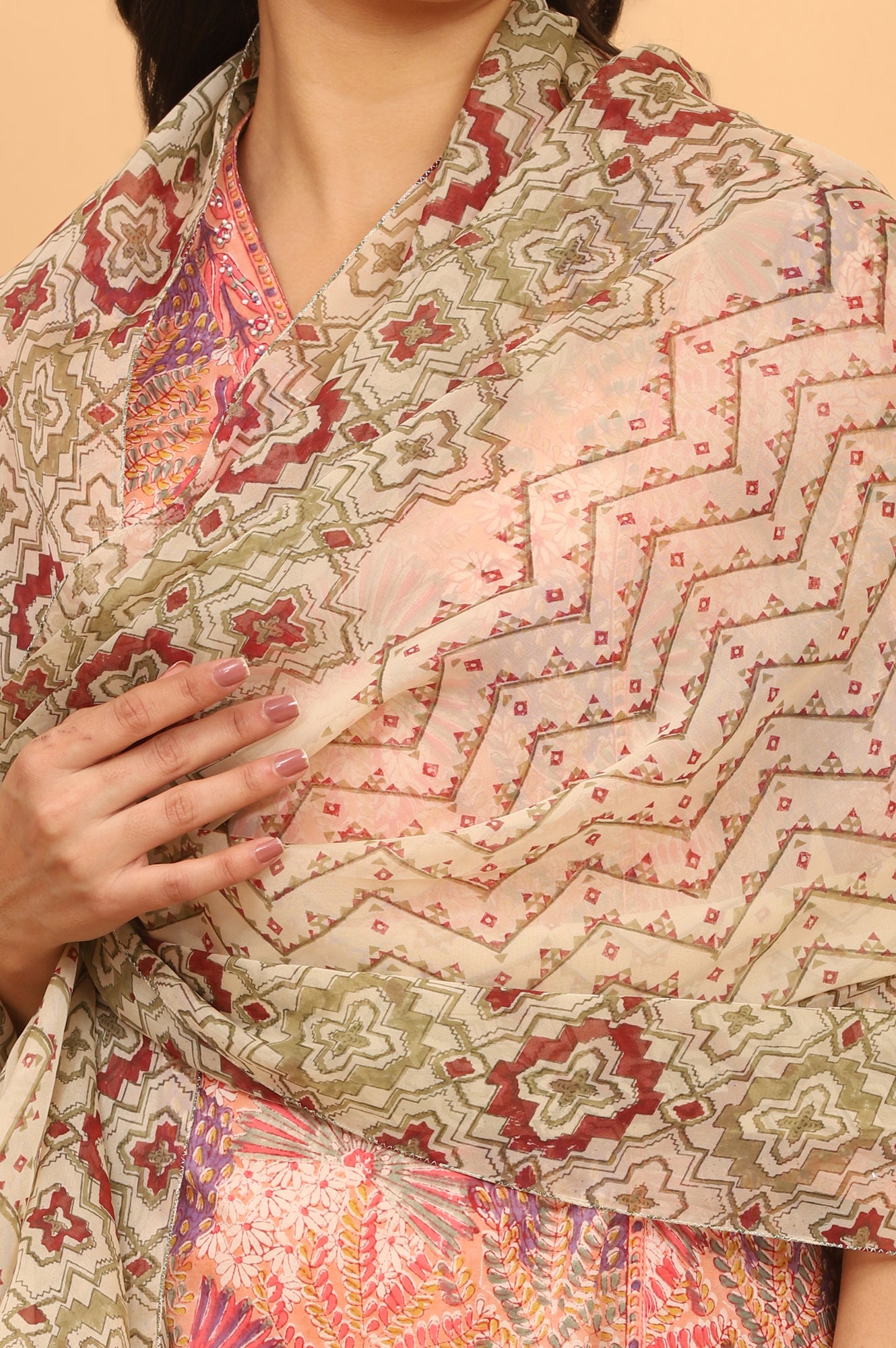 Pistachio Green Handblock Printed Organza Dupatta