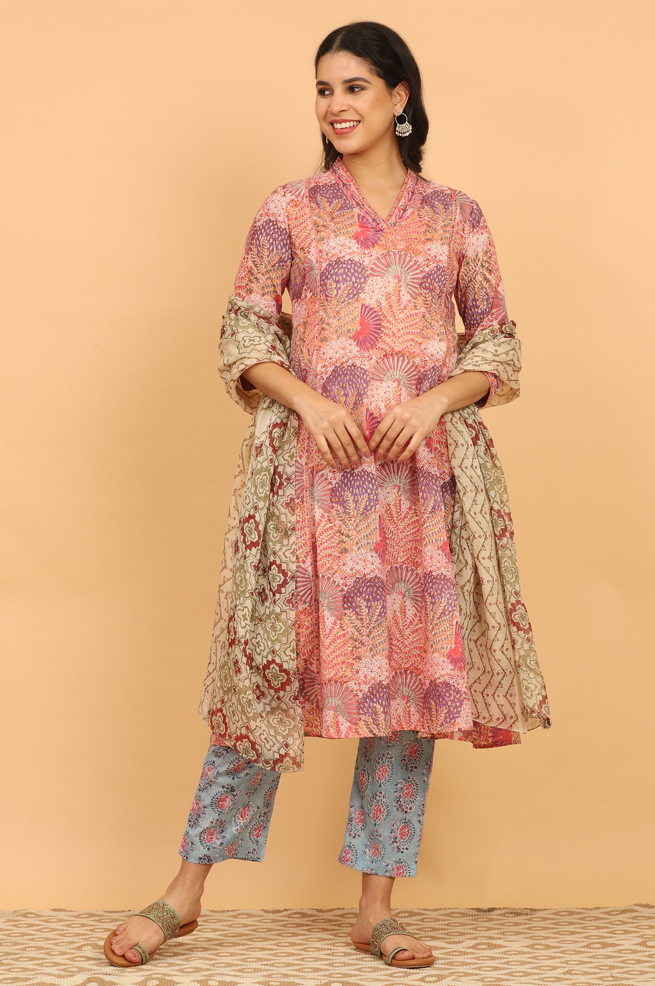 Pistachio Green Handblock Printed Organza Dupatta