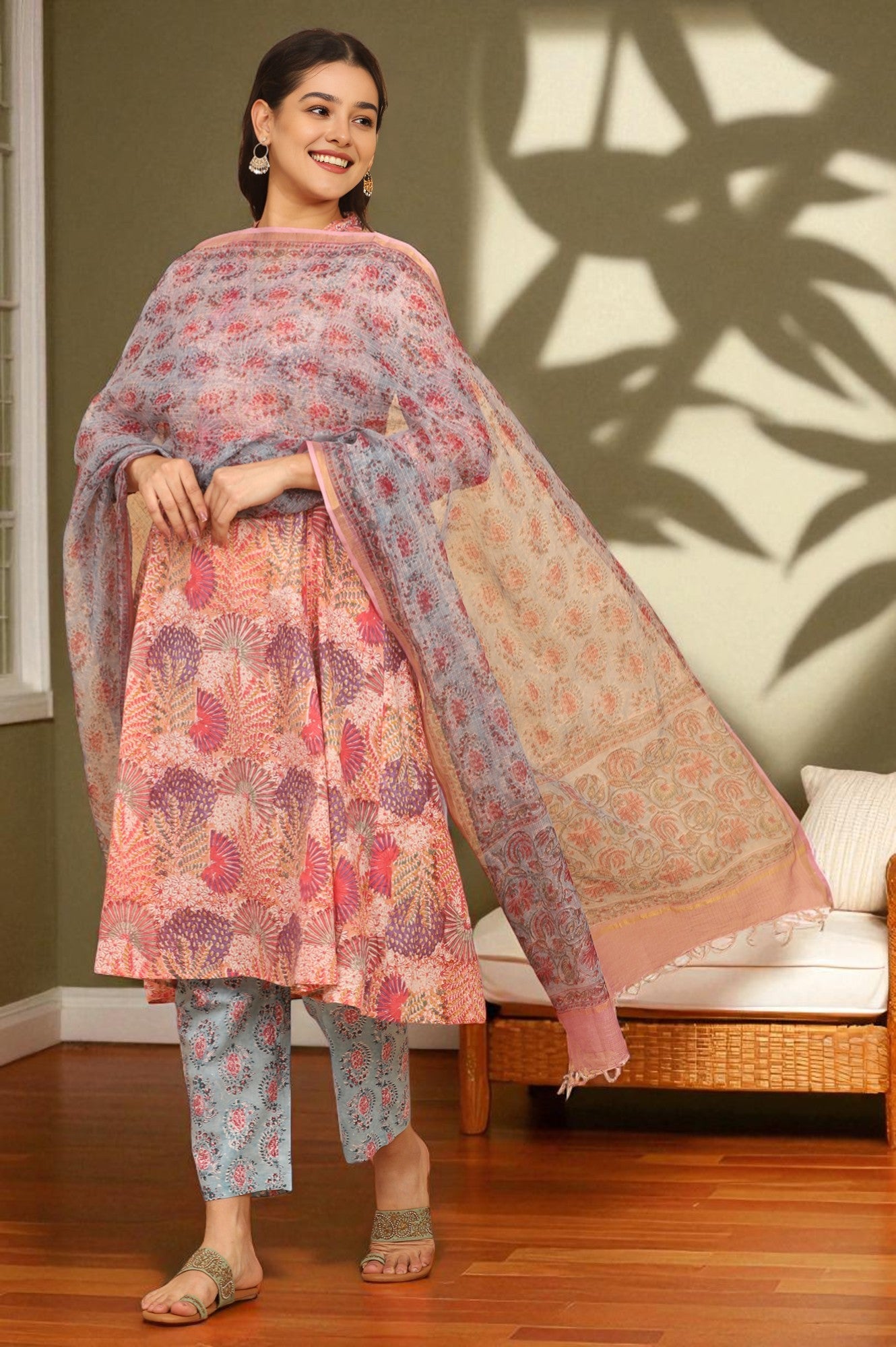 Blue Handblock Printed Dupatta in Kota Doriya