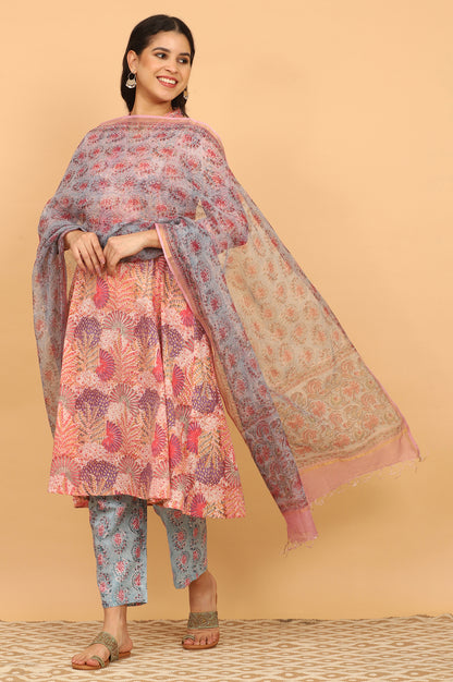 Blue Handblock Printed Dupatta in Kota Doriya