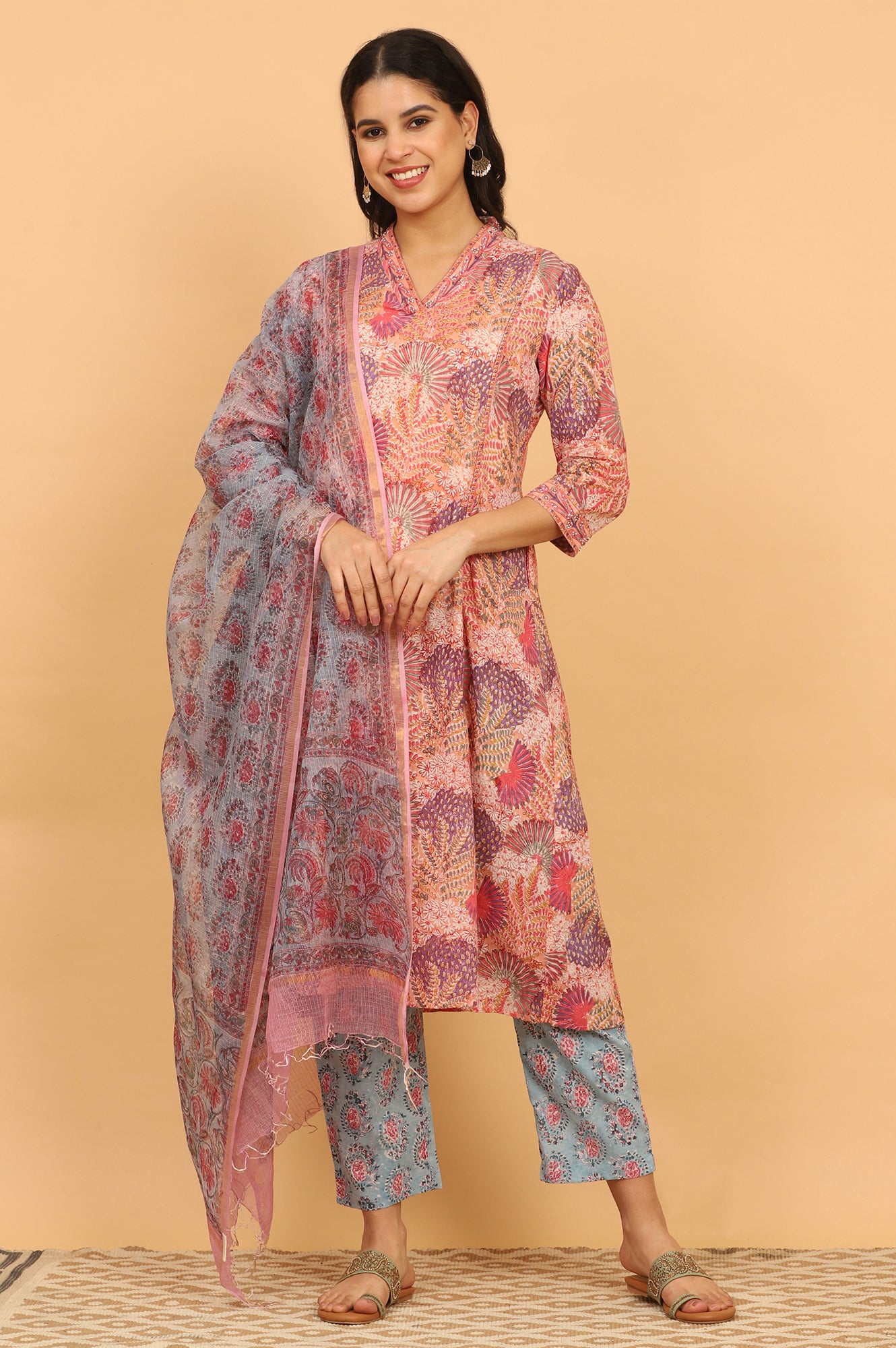 Blue Handblock Printed Dupatta in Kota Doriya