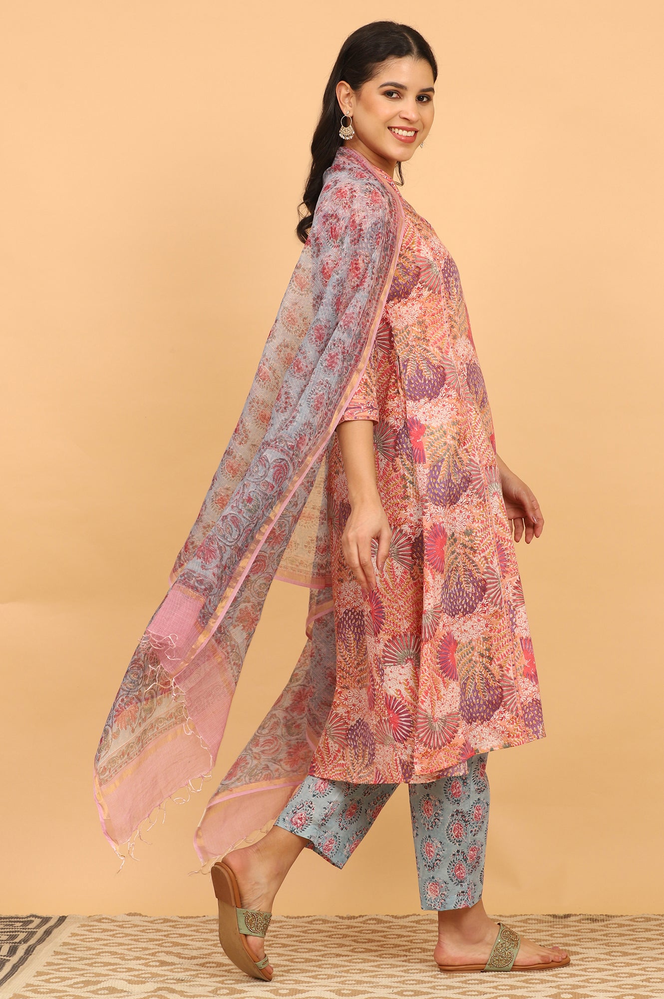 Blue Handblock Printed Dupatta in Kota Doriya