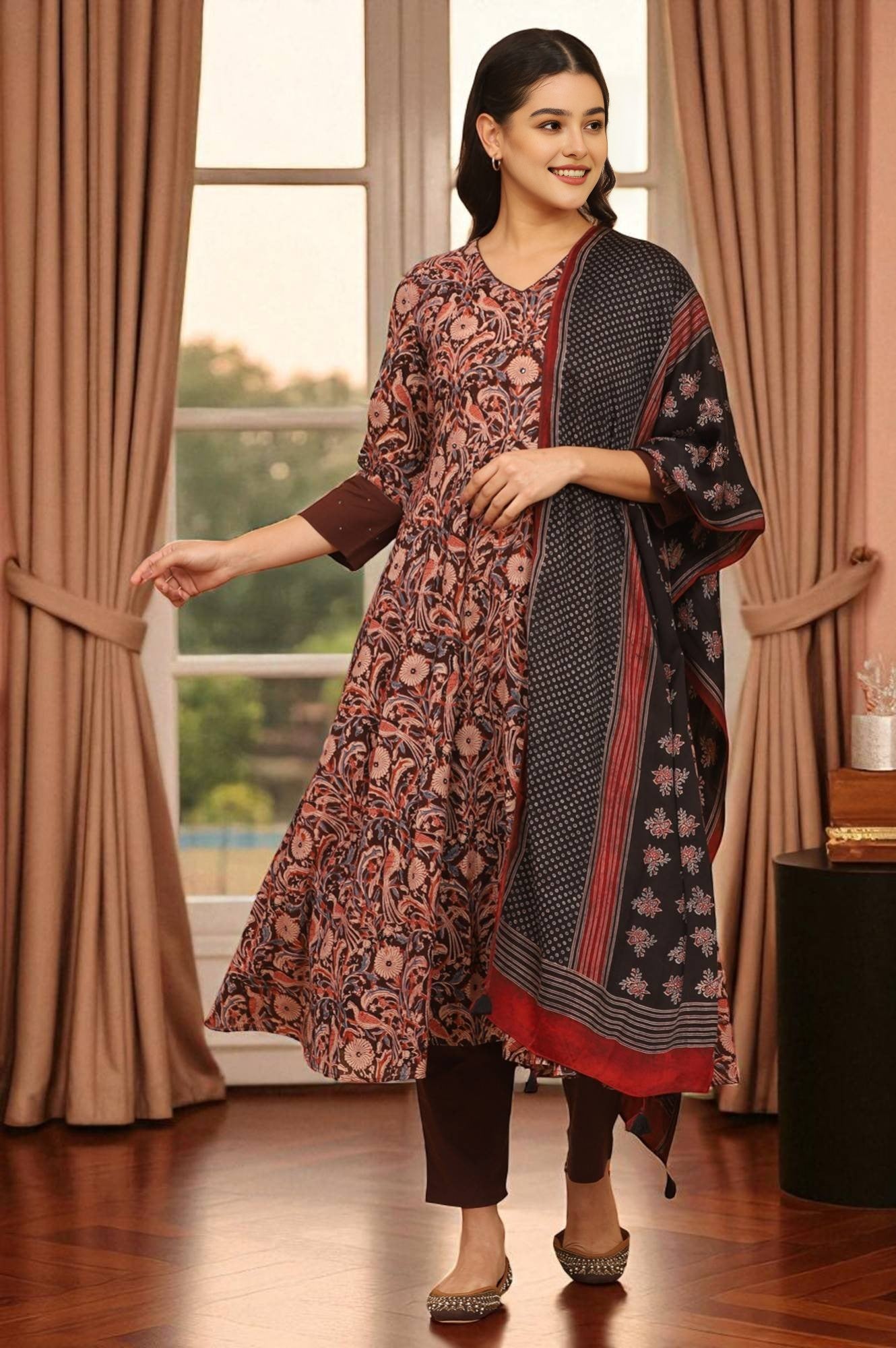 Black Handblock Ajrakh Printed Dupatta in Modal Satin