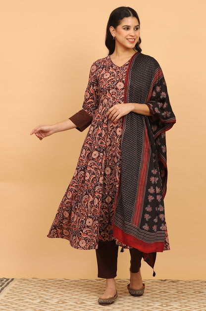 Black Handblock Ajrakh Printed Dupatta in Modal Satin