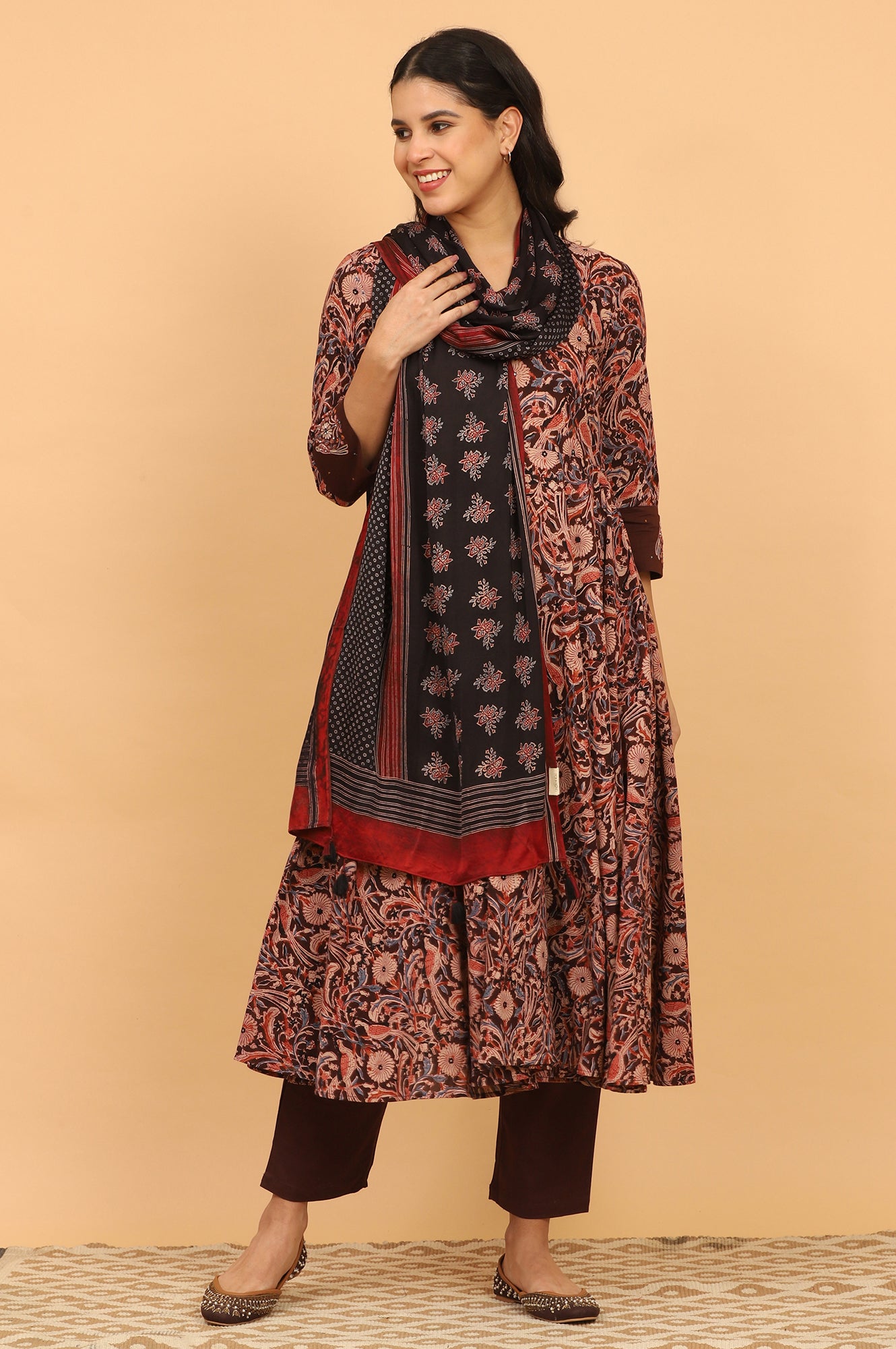 Black Handblock Ajrakh Printed Dupatta in Modal Satin