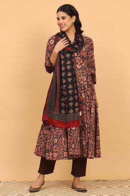 Black Handblock Ajrakh Printed Dupatta in Modal Satin