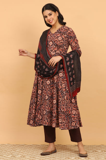 Black Handblock Ajrakh Printed Dupatta in Modal Satin