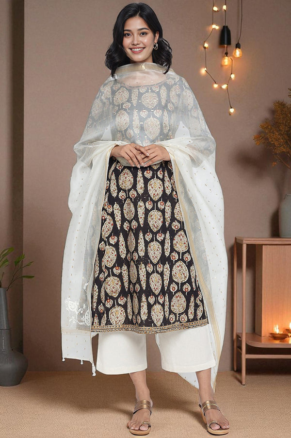 Off White Yarn Dyed Silk Organza Jacquard Dupatta