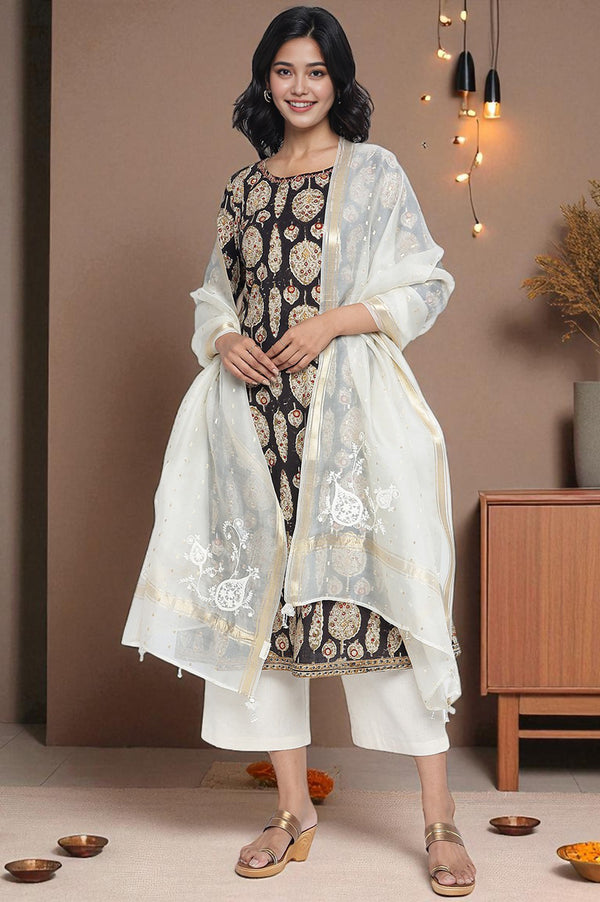 Off White Yarn Dyed Silk Organza Jacquard Dupatta