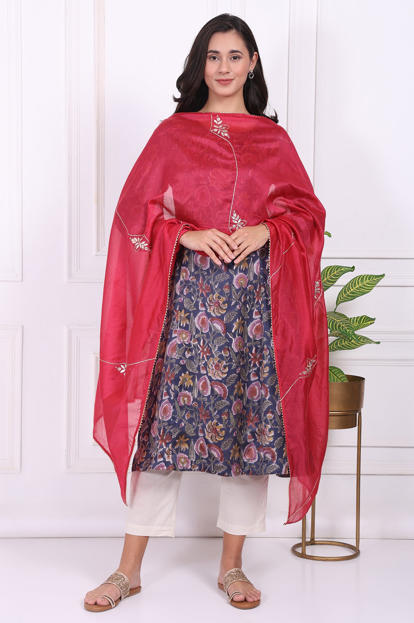 Pink Floral Printed Embroidered Silk Blend Dupatta