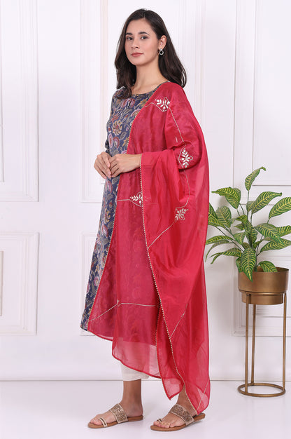 Pink Floral Printed Embroidered Silk Blend Dupatta