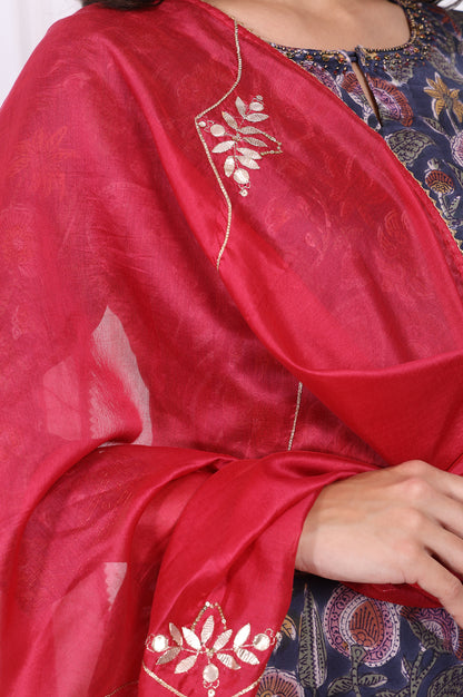 Pink Floral Printed Embroidered Silk Blend Dupatta