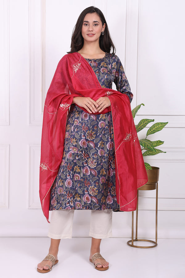 Pink Floral Printed Embroidered Silk Blend Dupatta