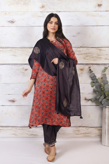 Maroon Embroidered Satin Dupatta