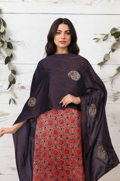 Maroon Embroidered Satin Dupatta