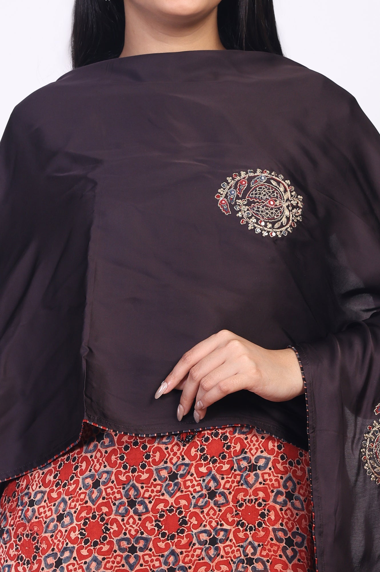 Maroon Embroidered Satin Dupatta