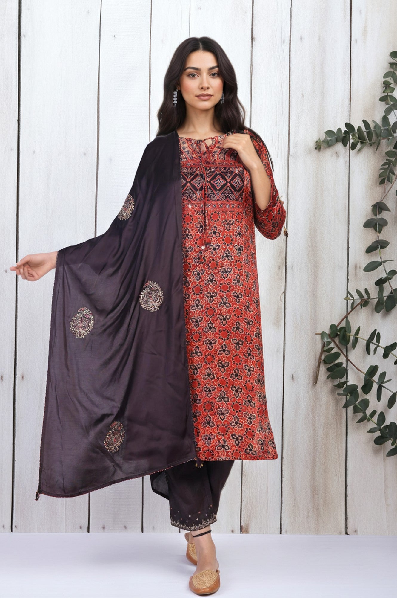 Maroon Embroidered Satin Dupatta