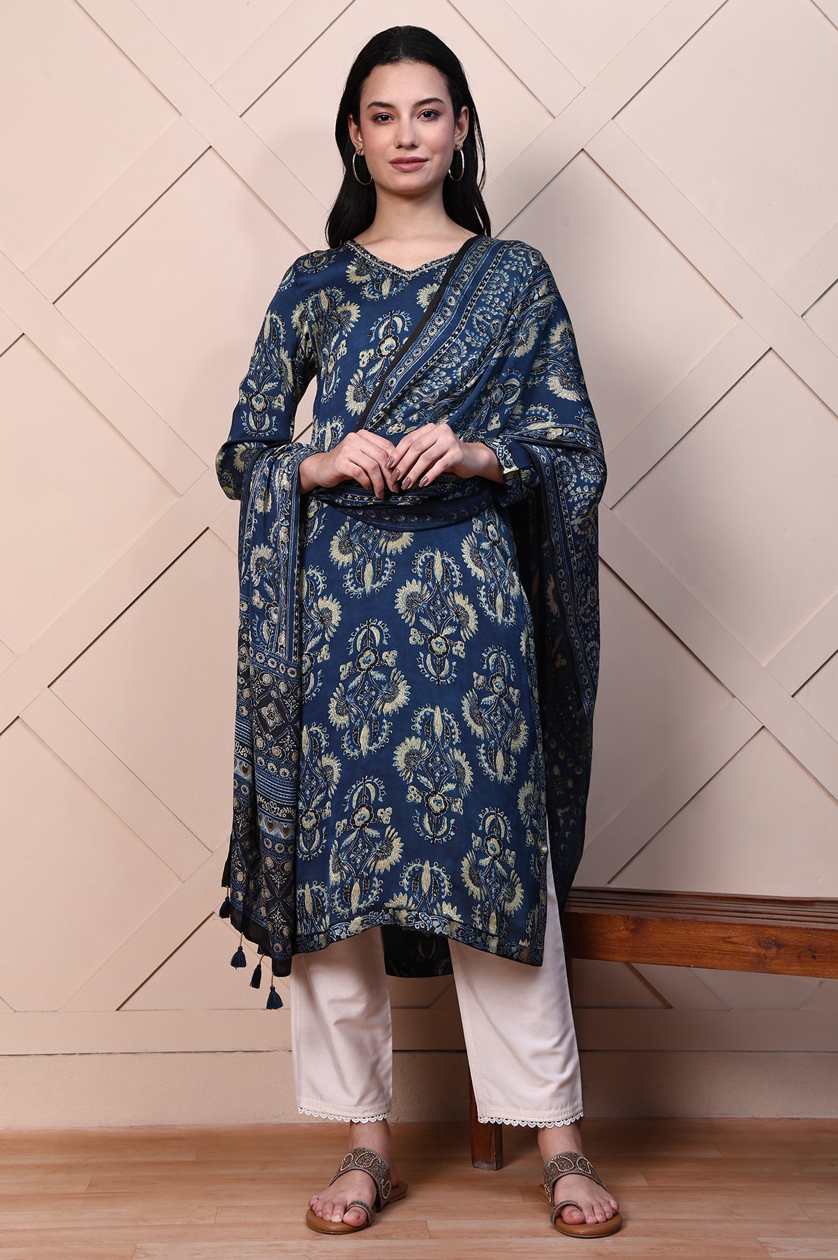 Blue Ethnic Motifs Satin Dupatta with Tassels - FS