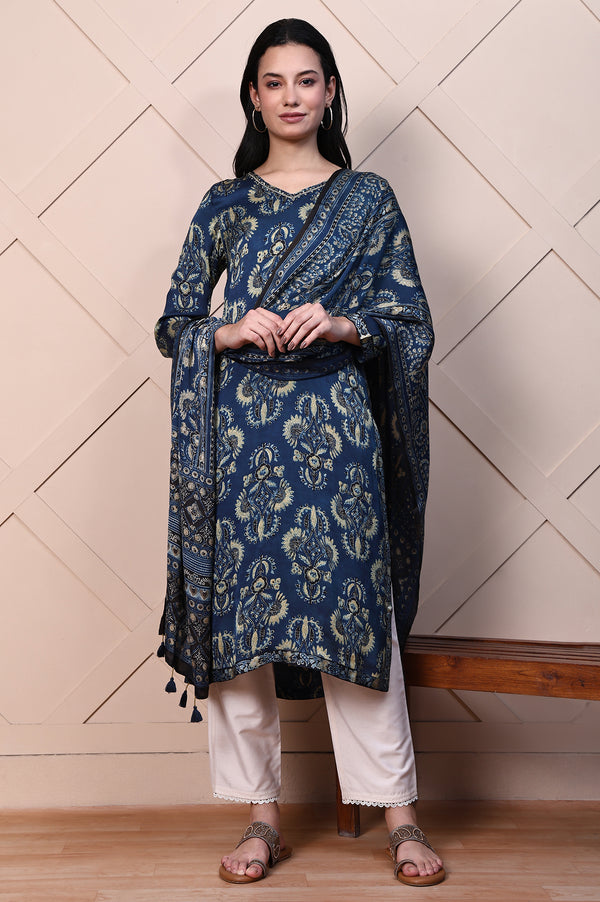 Blue Ethnic Motifs Satin Dupatta with Tassels