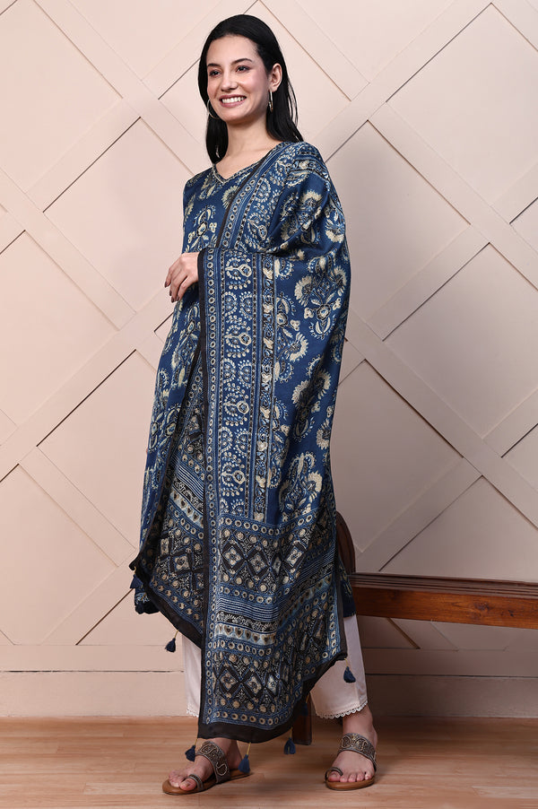 Blue Ethnic Motifs Satin Dupatta with Tassels