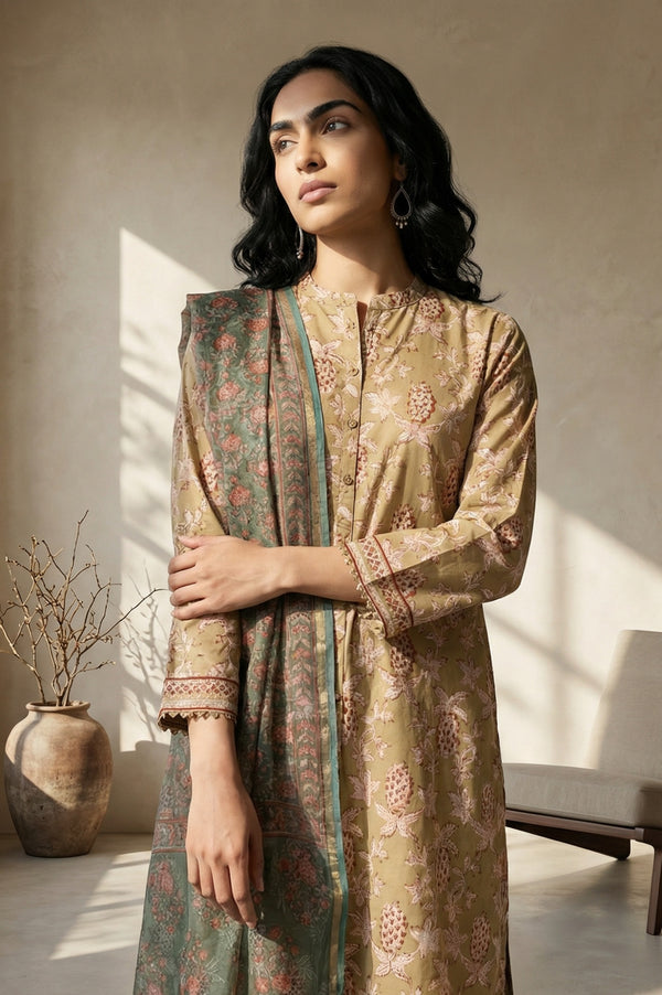 Green Floral Block Printed Cotton Blend Dupatta