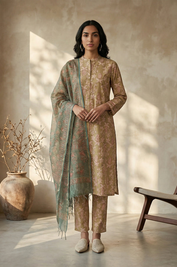 Green Floral Block Printed Cotton Blend Dupatta