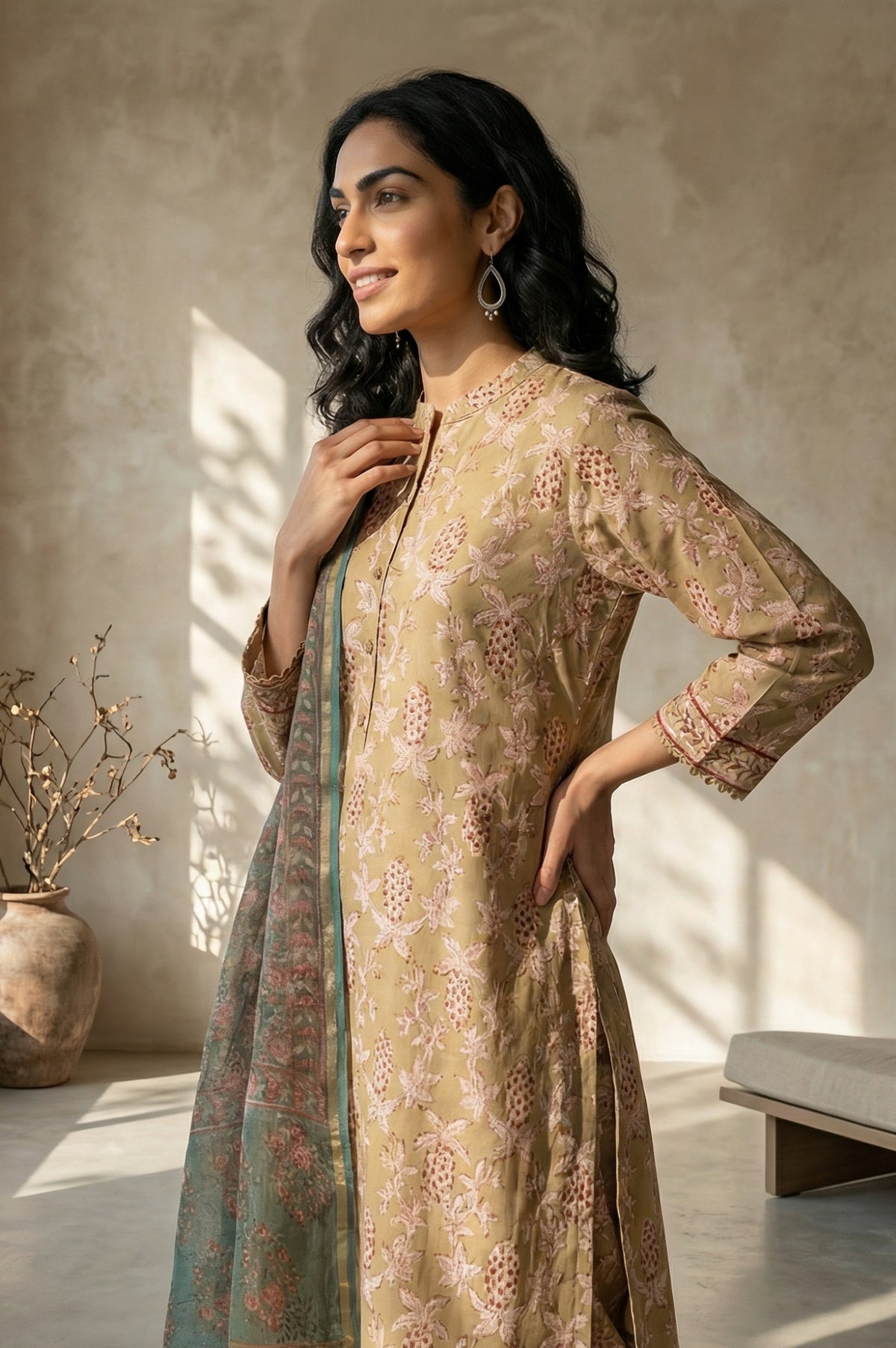 Green Floral Block Printed Cotton Blend Dupatta