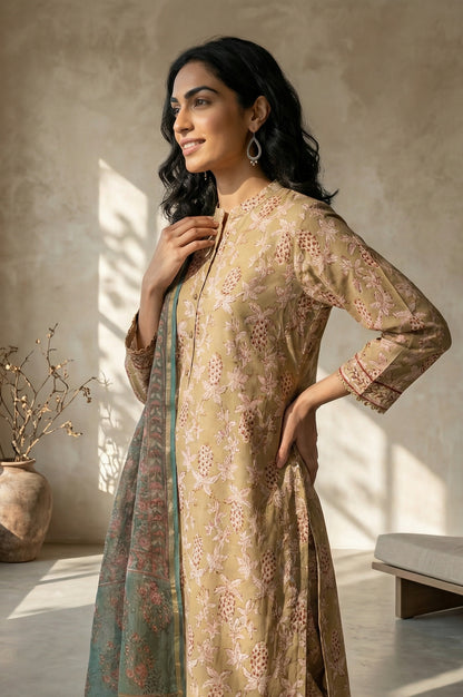Green Floral Block Printed Cotton Blend Dupatta