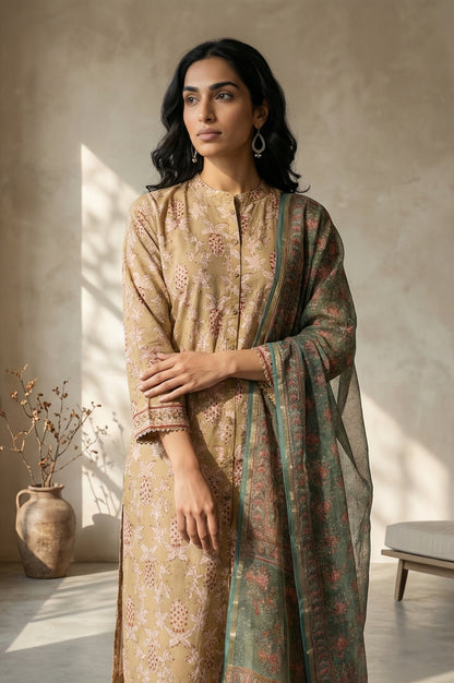 Green Floral Block Printed Cotton Blend Dupatta