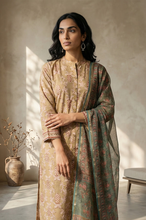 Green Floral Block Printed Cotton Blend Dupatta