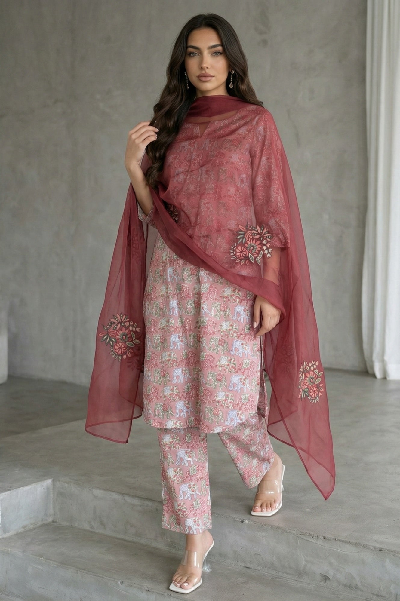 Maroon Floral Embroidered Organza Dupatta