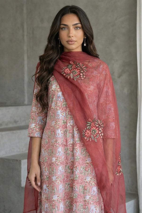 Maroon Floral Embroidered Organza Dupatta