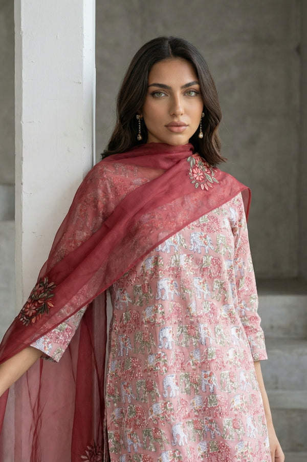 Maroon Floral Embroidered Organza Dupatta