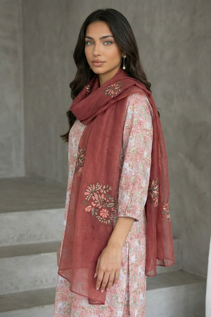 Maroon Floral Embroidered Organza Dupatta