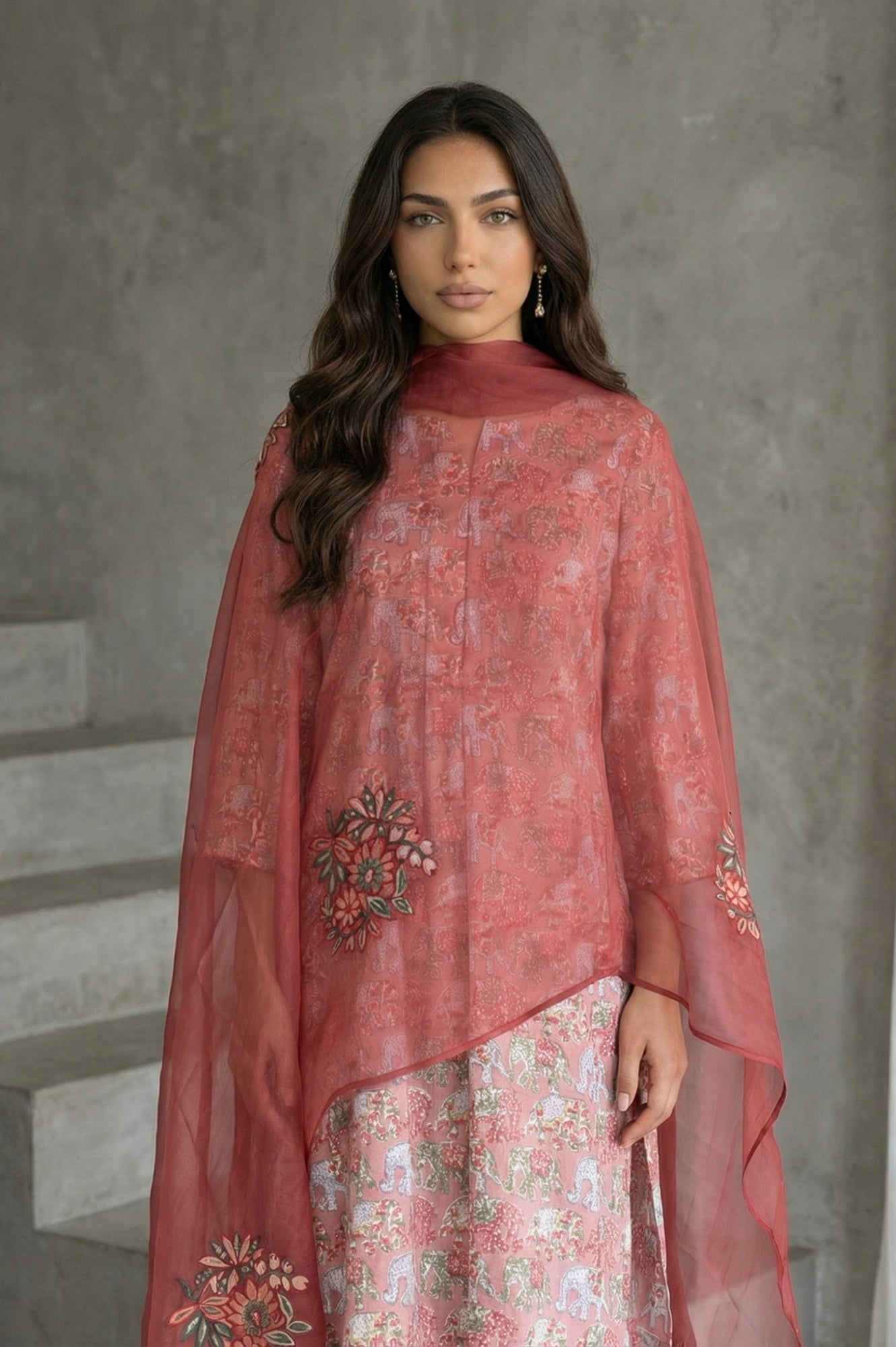 Maroon Floral Embroidered Organza Dupatta