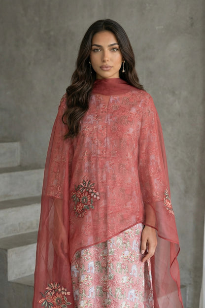 Maroon Floral Embroidered Organza Dupatta