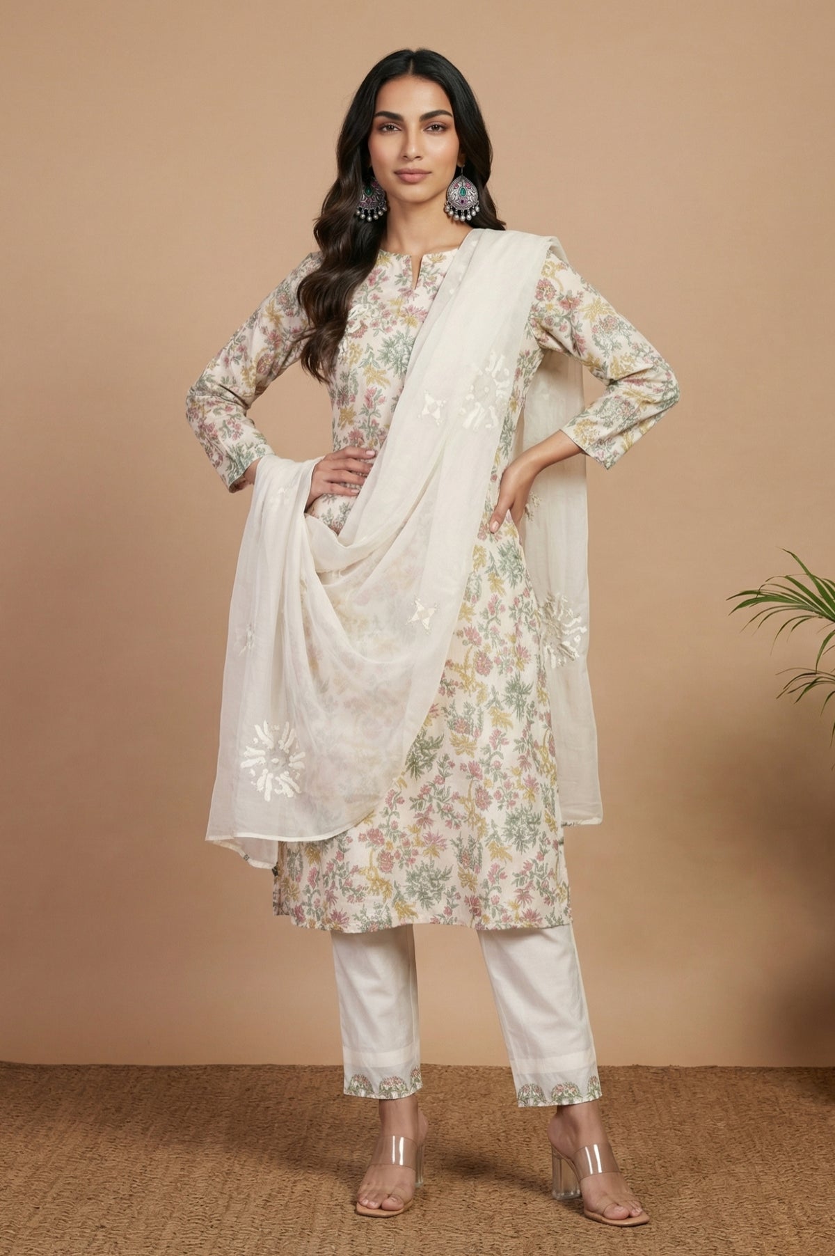 Off White Thread Embroidered Organza Dupatta