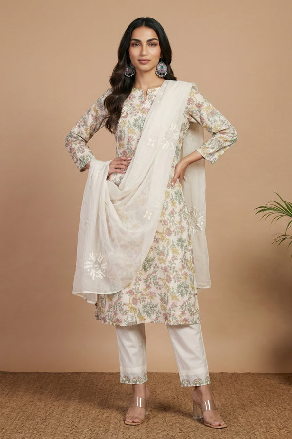 Off White Thread Embroidered Organza Dupatta