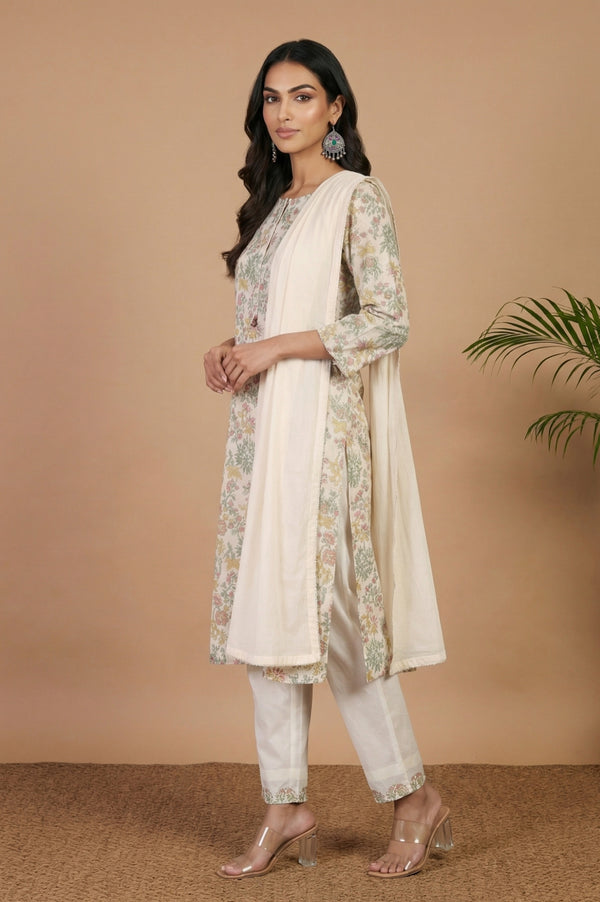 Off White Thread Embroidered Organza Dupatta