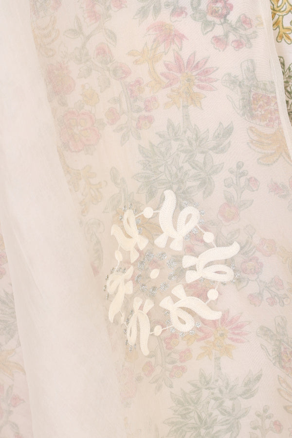 Off White Thread Embroidered Organza Dupatta